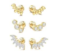 SLLAISS 3 Pairs Flat Back Earrings Stud | 925 Sterling Silver Hypoallergenic Helix Piercing Jewellery Tragus Piercings Cartilage Lobe Conch 14K Gold Plated with Small Screw CZ Earring Set for Women