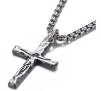 Sllaiss 925 Sterling Silver Crucifix Necklace Men - Oxidized Sterling Silver Carved Jesus Cross Pendant with Stainless Steel Box Chain Catholic Crucifix Necklaces Christian Jewellery for Fiance 26 in