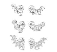 SLLAISS 925 Sterling Silver Earrings | 3 Pairs Flat Back Earrings Stud Hypoallergenic Helix Piercing Jewellery Cartilage Lobe Conch Tragus Piercings 14K Gold Plated with Small Screw CZ Earring Set
