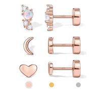 SLLAISS Flat Back Stud Earrings Hypoallergenic : 14K Rose Gold Plated 925 Sterling Silver Earring for Cartilage Helix Conch Tragus Piercing Jewellery Heart Moon Earring Set for Women Men 3 Pairs