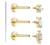 SLLAISS Medical Grade Titanium Opal Flat Back Earrings Stud : 14K Gold Plated Hypoallergenic 3 Pcs 18G Threaded Cartilage Tragus Conch Medusa Piercing Jewellery for Sensitive Ears Women Men