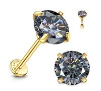 SLLAISS Moissanite Earrings Studs Flat Back Hypoallergenic : 18K Gold Plated Titanium Earring for Cartilage Internal Thread 18G Helix Tragus Conch Piercing Jewellery for Women Men Gray Moissanite 2CT