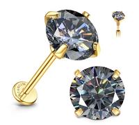 Sllaiss Moissanite Earrings Studs Flat Back Hypoallergenic : 18K Gold Plated Titanium Earring for Cartilage Internal Thread 18G Helix Tragus Conch Piercing Jewellery for Women Men Gray Moissanite 2CT