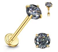 Sllaiss Moissanite Earrings Studs Flat Back Hypoallergenic : 18K Gold Plated Titanium Earring Internal Thread 18G Helix Tragus Conch Piercing Jewellery for Women Men 0.2CT