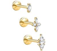 Sllaiss Pure Titanium Flat Back Earrings Studs 14K Gold Plated Hypoallergenic 3 Pcs 18G Internally Threaded Tragus Conch Helix Labret Piercing Jewellery for Sensitive Ears Women Men with 5A CZ