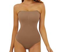 SLLIE Strapless Bodysuit for Women Tummy Control Thong Seamless Body Suit Backless Body Shaper Shapewear, Brown, Small