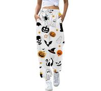 Sllowwa Halloween Joggers for Women UK Funny Ghosts Pumpkin Bat Printed Running Gym Tracksuit Bottoms High Waisted Casual Lounge Trousers Baggy Sweatpants with Pockets (Beige, S)