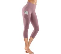 Sllowwa Leggings with Pockets High Waist Cropped Trousers Yoga Pants for Women Running Active 3/4 Length Workout Exercise & Fitness (S,Pink)