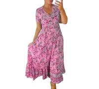 Sllowwa Women's Fashionable Casual Summer V Neck Short Sleeve Floral Dress Tall Maxi Dresses for Women Extra Long (Pink, L)