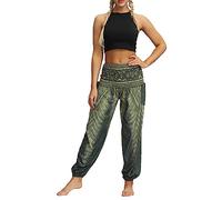 Sllowwa Women's Hippie Baggy Harem Trousers with Pockets Smocked High Waisted Soft Boho Patterned Gypsy Yoga Pants Holiday Summer Beach Party 2023 Green
