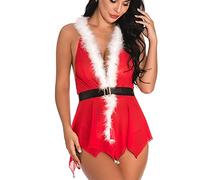 Sllowwa Womens Mrs Claus Babydoll Set Sexy Christmas Hollow Lingerie Santa Fancy Dress Lace Costume Cosplay Xmas Outfit Thong Nightdress Belt Underwear (L,W25 Red)