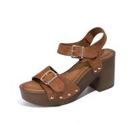 Sllowwa Womens Suede Platform Chunky Heel Retro Sandals with Adjustable Buckle Fashion One Word Belt Platform Block Heels Open Toe Wedding Dress Studded Sandals 2025 (Brown, 4.5)