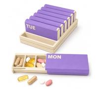 SLM 7 Day Pill Organiser 2 & 3 Times a Day - AM PM Noon Weekly Pill Box with 7 Daily Pots & Storage Tray, Portable Tablet Dispenser for Medication, Vitamins & Supplements (Biege & Purple)