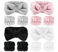 SLNZAPTY 12 PCS Face Wash Headband Wristband Set for Women Girls, Soft Microfiber Facial Spa Hair Wraps Makeup Skincare Bath Headbands Wrist Bands for Washing Face（White, Pink, Gray, Black）