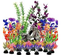 SLOCME 25 PCS Aquarium Plants & Rock Cave Decorations Set - Colorful Plastic Fish Tank Plants with Resin Rock Hideout, Realistic Aquarium Decor Accessories for Freshwater & Saltwater Tanks