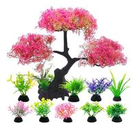 SLOCME Pink Cherry Blossom Tree Aquarium Decor Set - 10 Pcs Artificial Plastic Plants for Fish Tanks, Betta & Goldfish Hiding Accessories, Realistic & Safe Aquarium Decorations (Pink)
