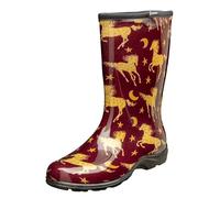 Sloggers Waterproof Garden Rain Boots for Women - Cute Mid-Calf Mud & Muck Boots with Premium Comfort Support Insole, (Horse Stars Barn Red), (Size 9)