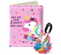 Slohif Kids Passport Holder Lugguage Tag Set - Cute Passport Cover Case for Travel Leather Wallet Book for Boys Girls Personalized Organizer Card Protector Cruise Essentials Accessories Gifts, Pink