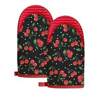 Slohif Mini Oven Mitts Set - Extended Short Cherry Heat Resistant Kitchen Gloves for Women, 100% Cotton Oven Mitts with Silicone Grips, Non-Slip and Durable for Cooking & Baking