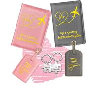 Slohif Mr. and Mrs. Passport Holder Lugguage Tag Set for Travel - Leather Passport Book Personalized Organizer Card Protector Sleeve Suitcase Cover Wallet Case Essentials Slim Carrier, Pink Grey