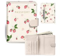 Slohif Passport Holder Cover Wallet for Travel - Women Men RFID Blocking Passport Book Protector for Boarding Pass Cards, Beige, 0.83 x 4.3 x 5.91 inches, Pink Strawberry