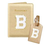 Slohif Passport Holder Initial Lugguage Tag Set Suitcase Cover Wallet Case for Travel Women - Leather Letter Passport Book Personalized Organizer Card Protector Sleeve Essentials Slim Carrier, Gold, B