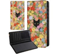 Slohif Women Checkbook Cover for Personal Duplicate Checks - Check Book Wallet Holder Black Flowers Top Side Tear, Colourful Flower Cat, 3.5" W x 7" H x 0.6" D