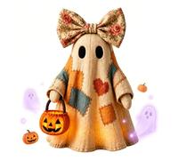 sloiaz Lighted Vintage Patchwork Ghost Lamp with LED Pumpkin Lantern, Rustic Farmhouse Halloween Fall Decor Figurine for Mantel Tiered Tray Porch Tabletop