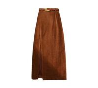 SLOKFV5 Falda Women's Corduroy Slit Thigh Midi Skirt High Waist A Line Belted Bodycon Long Skirt for Autumn and Winter Casual Brown