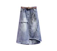 SLOKFV5 Falda Women's Irregular Raw Edge Denim Long Skirt Casual High Waist A Line Asymmetric Plus Size Midi Jean Skirt w/Belt Casual