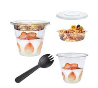 Slomg 100 Pcs 9 oz Plastic Parfait Cups with Flat Lids and Inserts, 50 Disposable Clear To Go Cereal Yogurt Dessert Cups 50 Sporks, Leakproof Containers for Snack Cold Drink Ice Cream Salad Oatmeal