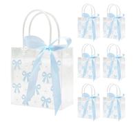 Slomg 12 Pack Blue Bow Clear PVC Plastic Gift Bags with Handles, Ribbon Coquette Bowknot Daisy Flower Goodie Treat Party Favor, Reusable Present Wrap Tote Shopping Bag for Wedding Birthday Baby Shower