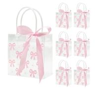 Slomg 12 Pack Pink Bow Clear Plastic Gift Bags with Handles, Ribbon Coquette Bowknot Daisy Flower Goodie Treat Party Favor Bag, Reusable Present Wrap Tote Shopping Bag for Wedding Birthday Baby Shower