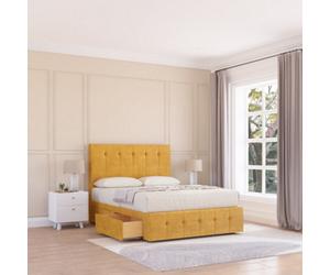 Sloomy 4Ft Cambridge Divan Bed Base Mustard Plush ,4 Drawers, 12" Footboard & 54" Floor Standing Headboard - Small Double