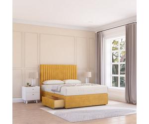 Sloomy 4Ft Manhattan Divan Bed Base Mustard Plush ,2 Drawers & 26" Struts Headboard - Small Double