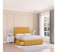 Sloomy 4Ft Watson Divan Bed Base Mustard Plush ,4 Drawers, 12" Footboard & 54" Floor Standing Headboard - Small Double