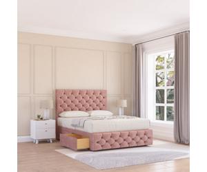 Sloomy 4Ft6 Watson Divan Bed Base Pink Plush ,4 Drawers, 12" Footboard & 54" Floor Standing Headboard - Double