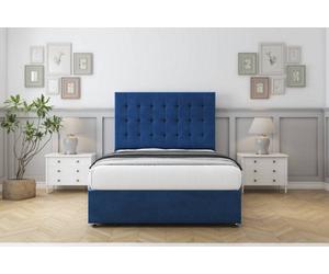 Sloomy Alabama Navy Plush Divan Bed With Mattress 2 Drawers Foot-End With 26" Strutted Headboard 4' Small Double