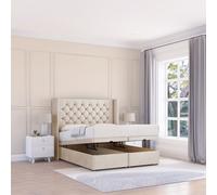 Sloomy Dior Plush Fabric Ottoman Bed End Opening With Sprung Memory Mattress & 54 Inch Floorstanding Headboard With Wings in Cream | Size: Super King Sloomy Cream Super King