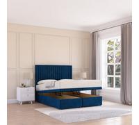 Sloomy Manhattan End Lift Ottoman Bed 4Ft With Sprung Memory Mattress - Navy Plush & Headboard- Small Double