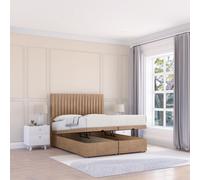 Sloomy Manhattan Naples Fabric Ottoman Bed End Opening With Sprung Memory Mattress & 26 Inch strut Headboard in Light Sand | Size: Small Single Sloomy Light Sand Small Single