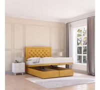 Sloomy Montana End Lift Ottoman Bed 4Ft With Sprung Memory Mattress - Mustard Plush & Headboard- Small Double