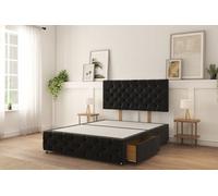 Sloomy Watson Black Plush Divan Bed Base 2 Drawers Left Side With 26" Strutted Headboard & 12" Footboard 4'6 Double