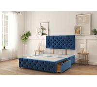 Sloomy Watson Navy Plush Divan Bed Base 2 Drawers Right Side With 26" Strutted Headboard & 12" Footboard 6' Super King