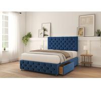 Sloomy Watson Navy Plush Divan Bed With Mattress 2 Drawers Left 26" Strutted Headboard & 12" Footboard 4'6 Double