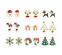 SLOONG 9pcs Christmas Earrings with Christmas Tree, Bells, Santa Claus, Snowflake Stud Earrings Gift for Friends, Mom, Sisters, and Daughters, Copper, Cubic Zirconia