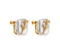 SLOONG Birth Flower Earrings 18K Gold Plated Fresh-Water Pearl Earrings for Women Fake Piercing Baroque Pearls Ear Cuff, Copper, Pearl