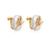 SLOONG Birth Flower Earrings 18K Gold Plated Fresh-Water Pearl Earrings for Women Fake Piercing Baroque Pearls Ear Cuff, Copper, Pearl