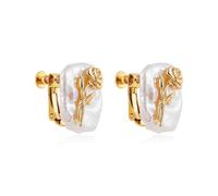 SLOONG Birth Flower Earrings 18K Gold Plated Fresh-Water Pearl Earrings for Women Fake Piercing Baroque Pearls Ear Cuff, Copper, Pearl