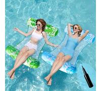 Sloosh 2 Packs Hammock(Blue/Green) Pool Floats Adults with Pump, 4-in-1 Multi-Purpose Inflatable Pool Floats PVC Water Hammock Lounge Floaties